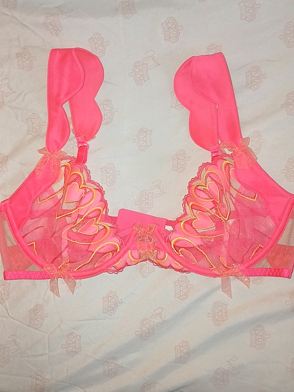 For Love And Lemons Neon Pink Lace Underwire Bra with Heart Motif